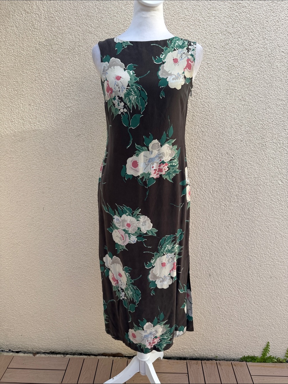 1990 Petite Sophisticate silk midi sleeveless dress dark floral print